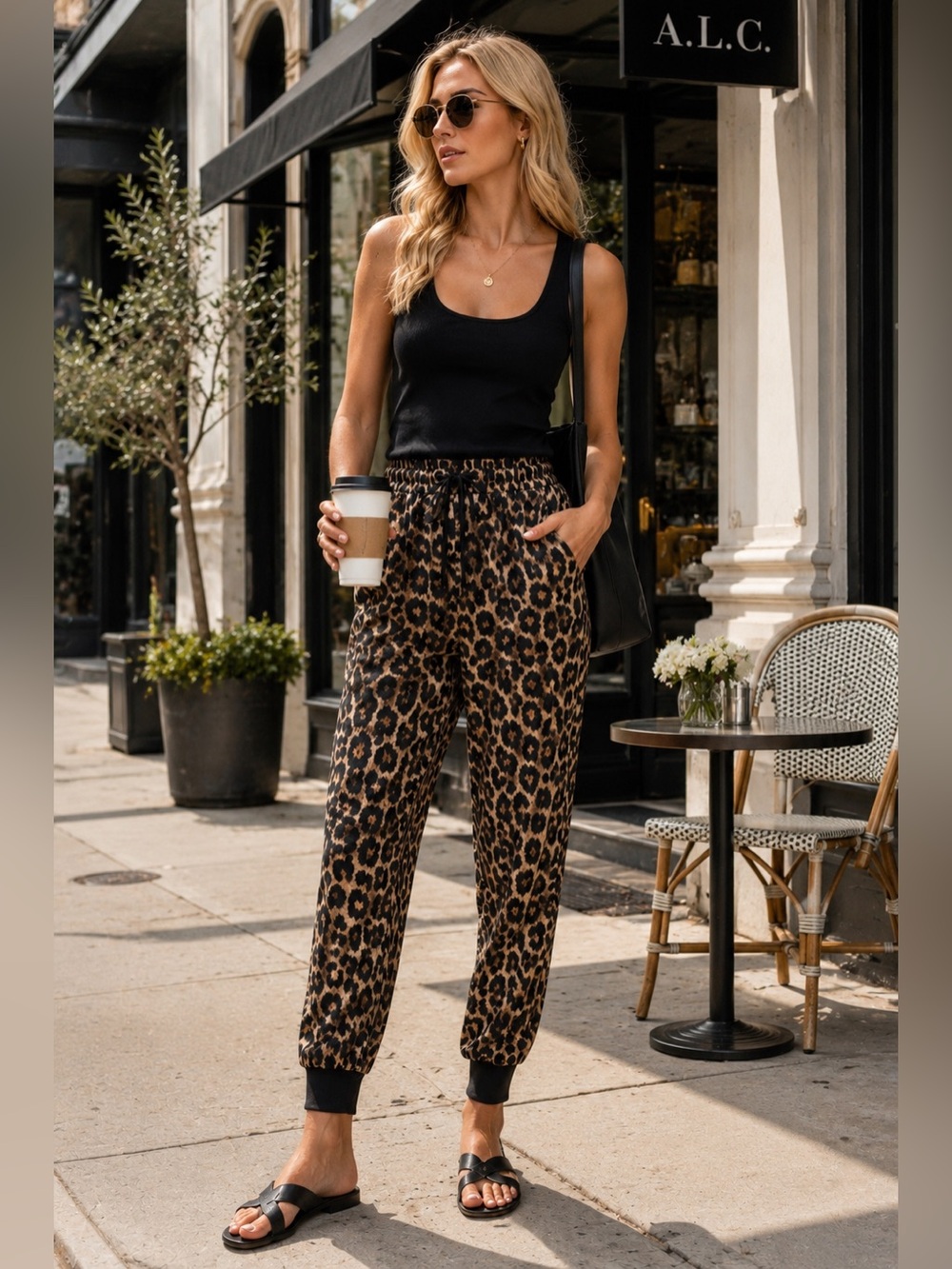 ZARA Tan Black Leopard Animal  Print Jogger Pants Relaxed Tapered Leg Modern S